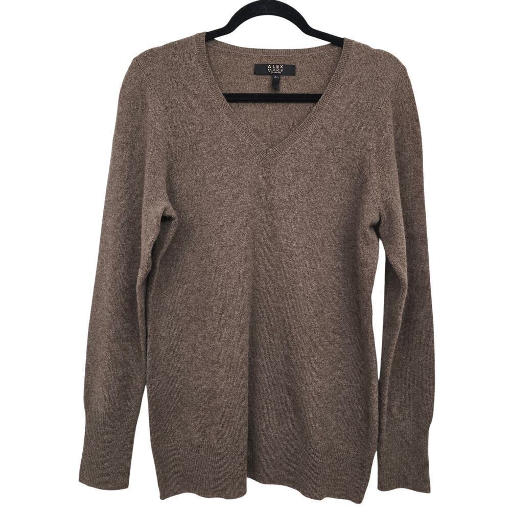 Alex Marie Cashmere Sweater Brown V-Neck  Sz L Timeless Minimalist QuietLuxury